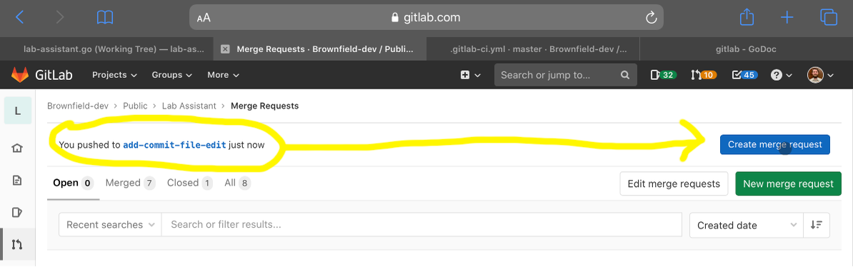 After pushing to GitLab, you can view the new branch and create a new merge request from the GitLab interface.
